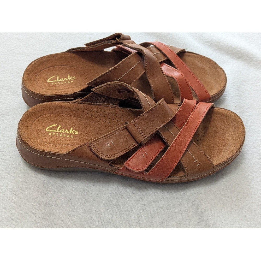 clarks Cecily Slide Tan Combination Sandals Comfort Sz 7 Slip On Leather - Picture 4 of 9